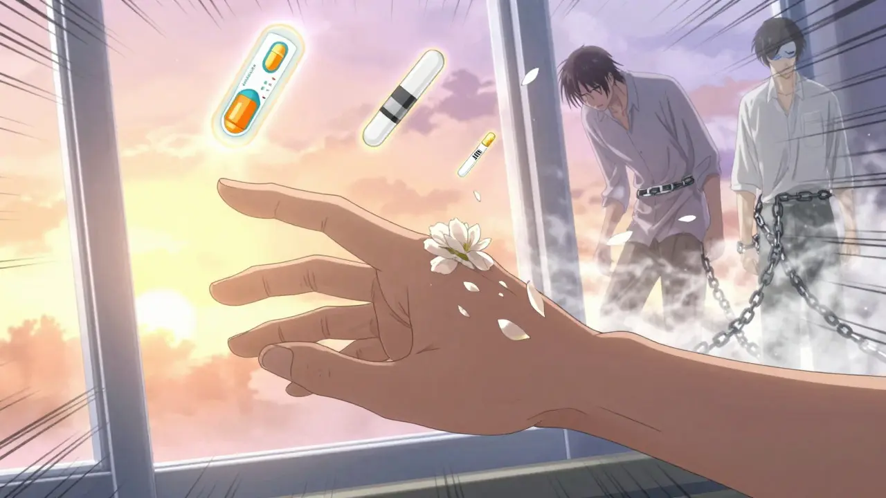 Hand with restored mobility reaching toward sunlight, blooming flowers symbolizing remission, biologic drug icons floating above.