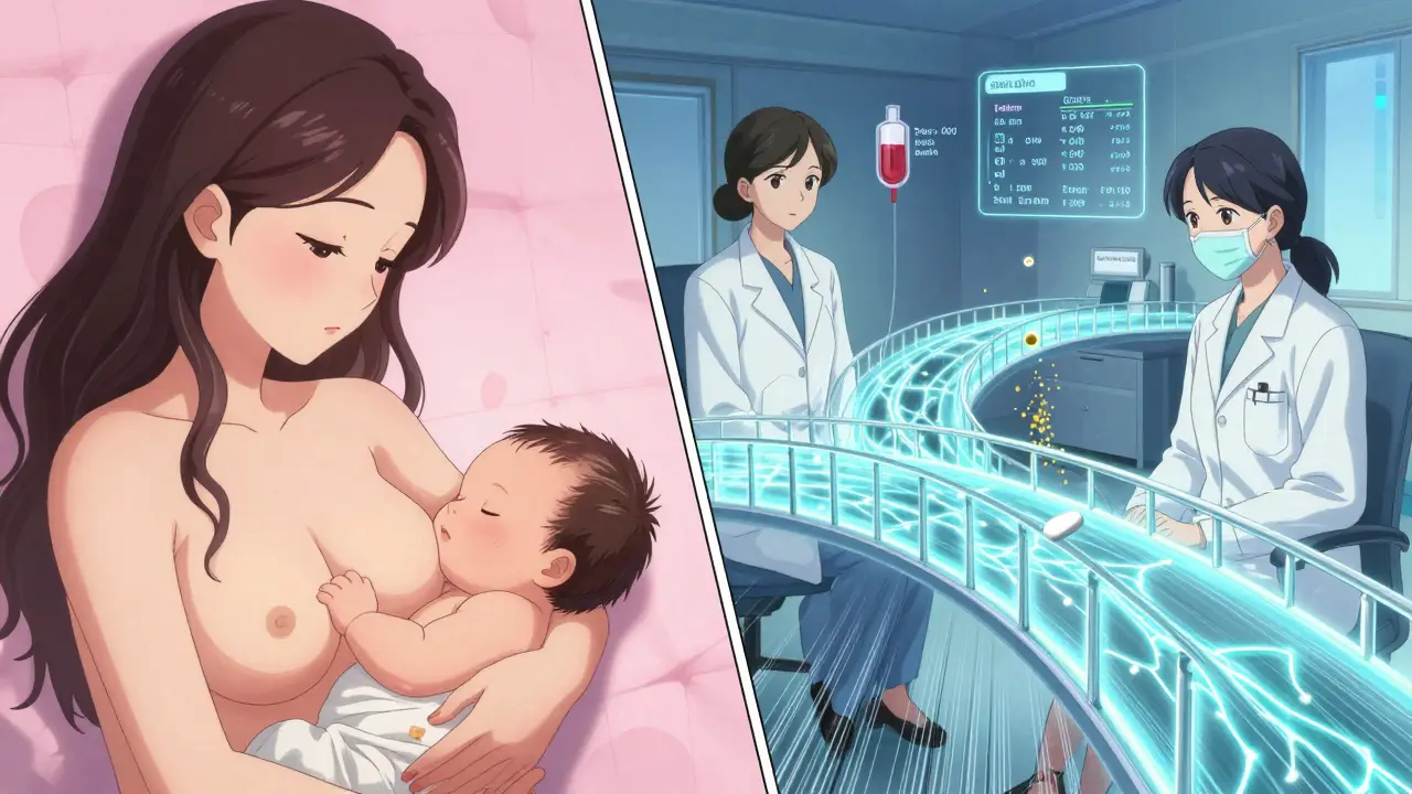 Mother breastfeeding as data streams connect her to doctors, showing safe medication transfer to baby.