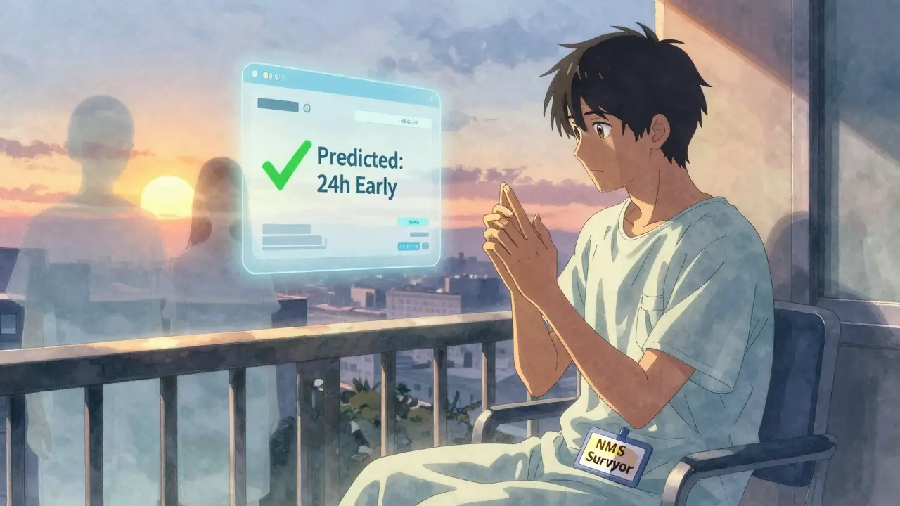 NMS survivor at dawn holding a medical alert card, ghostly figures fading behind as an AI prediction glows ahead.