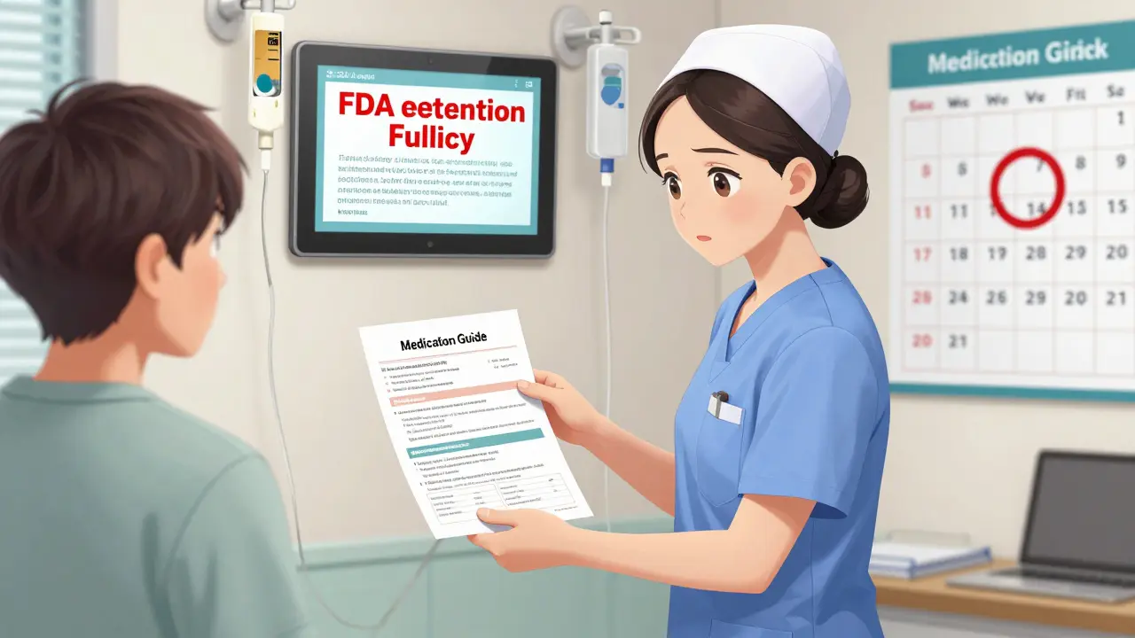 Nurse giving a Medication Guide to a patient during an infusion in an oncology clinic.