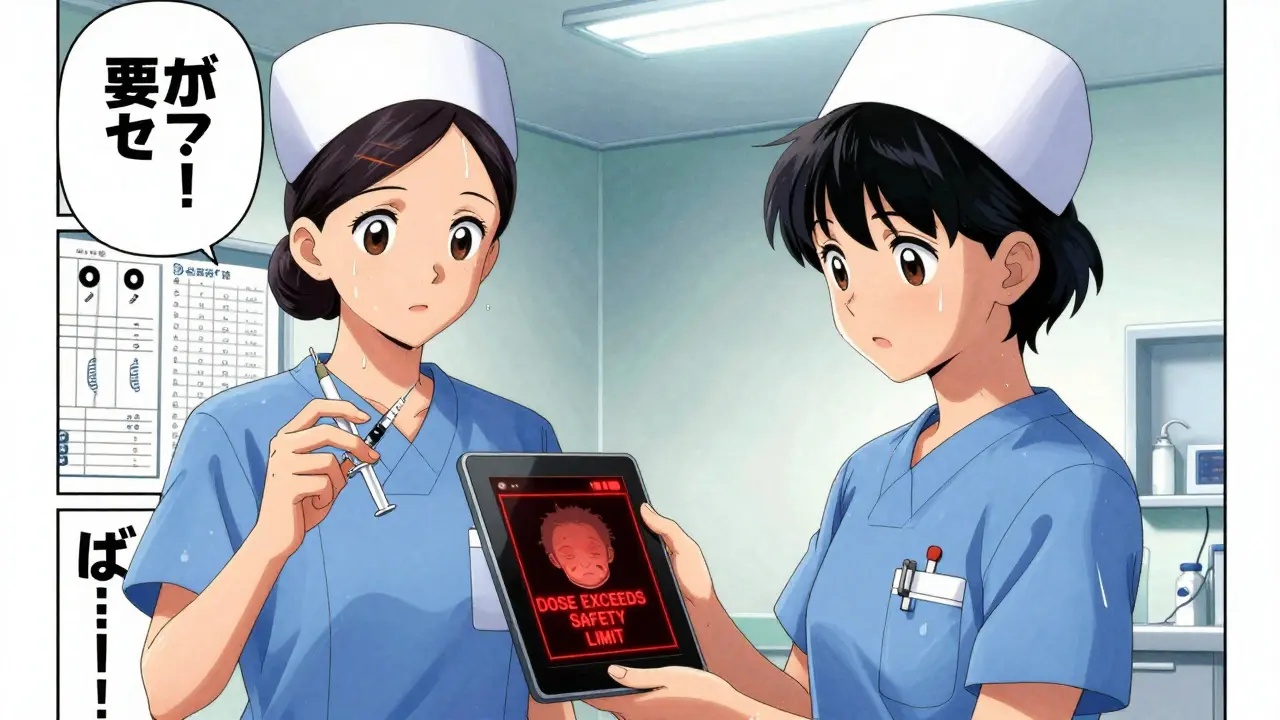 Nurses double-checking pediatric dosage on digital screen