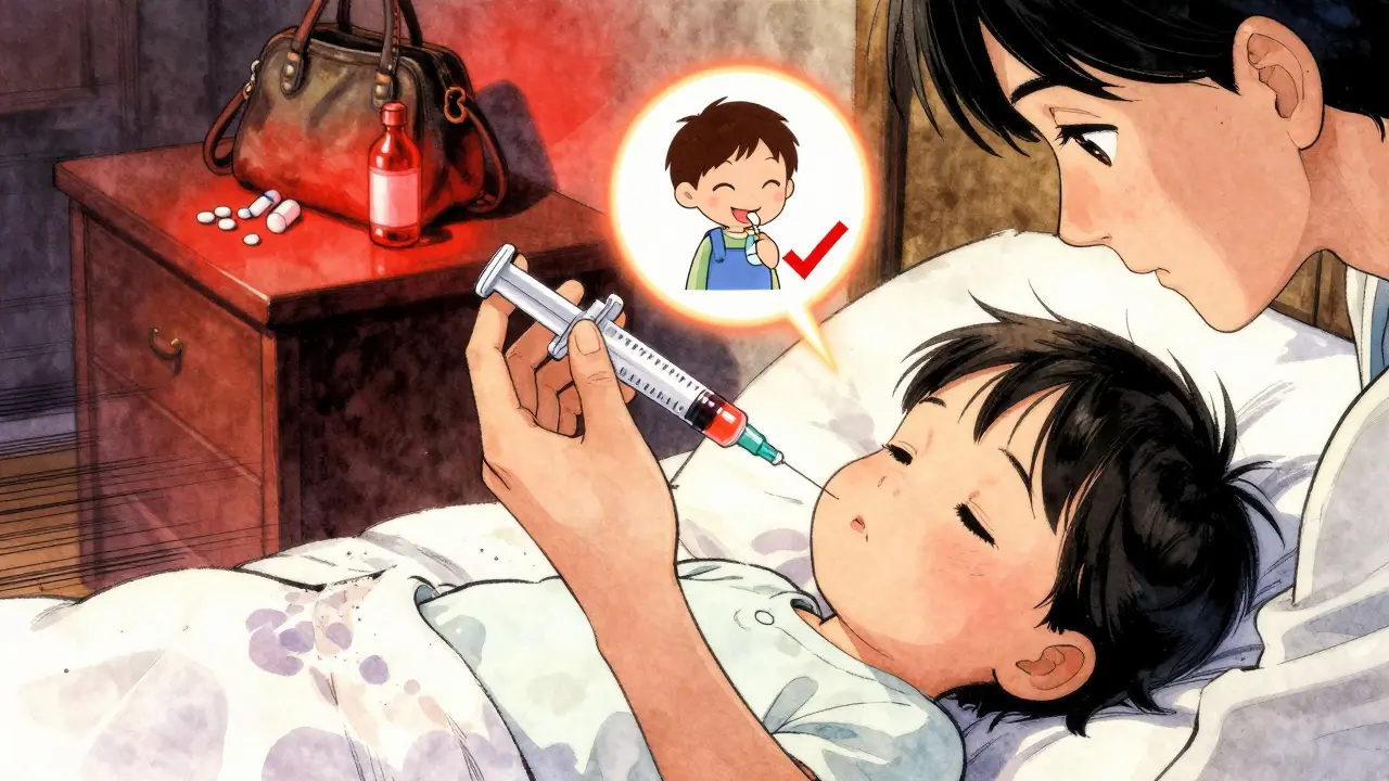 Parent administering medicine with pictogram guide