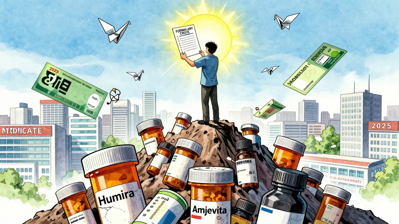 Patient atop a mountain of pills under a glowing 2025 Medicare rule, with biosimilars floating around.