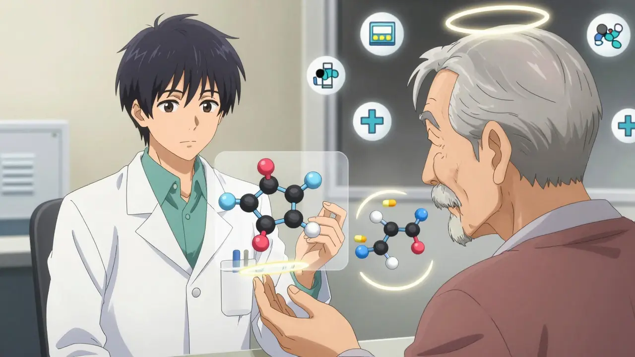 Pharmacist explaining pill switch to elderly patient, molecular structures visible, emotional duality in background.