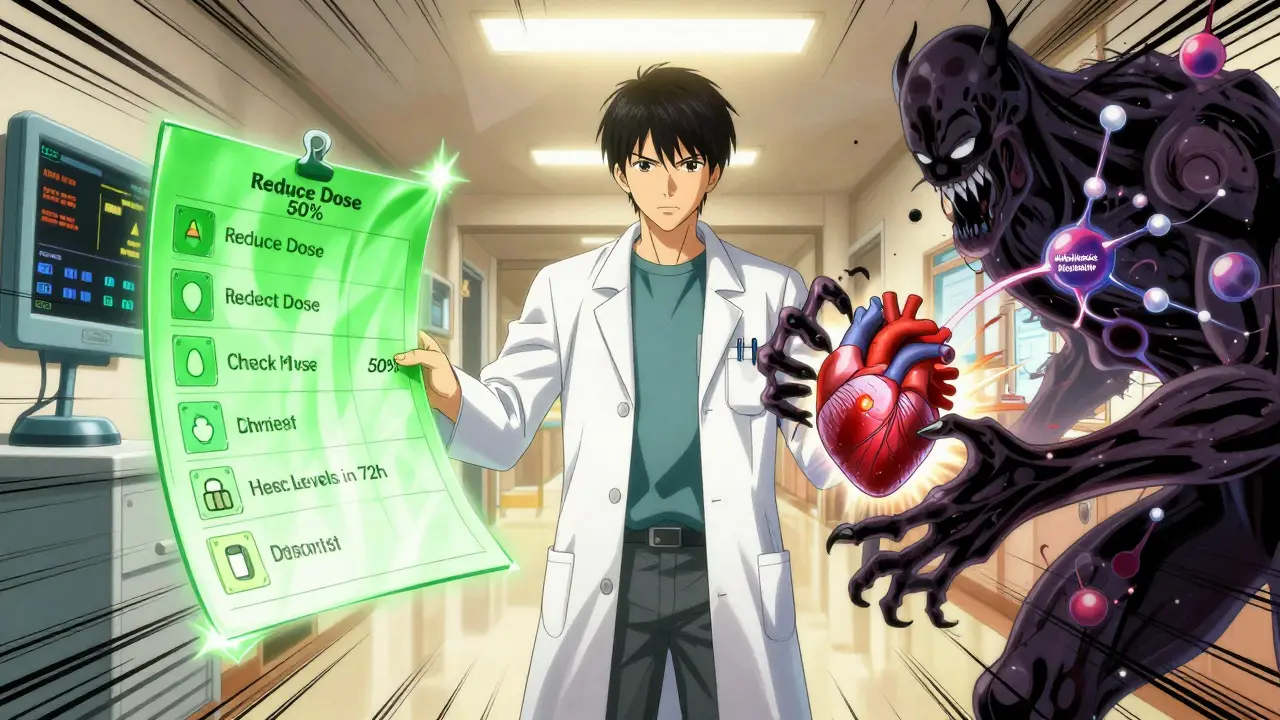 Pharmacist standing between safety checklist and toxic drug monster, EHR alerts glowing in background.