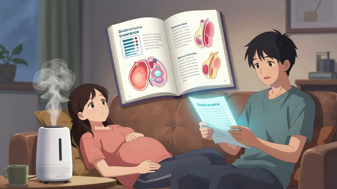 Pregnant woman relaxing with humidifier, floating medical book showing antihistamine diagrams.