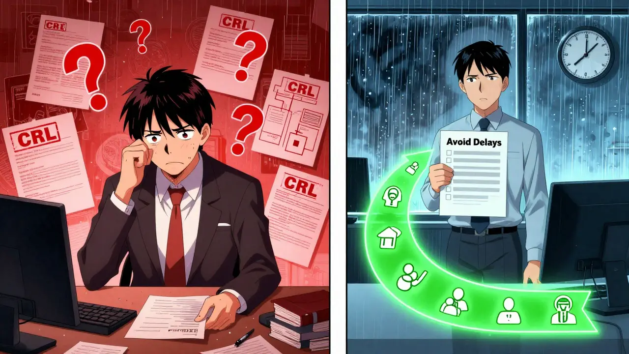 Regulatory manager overwhelmed by rejection letters, while a green path of pre-meeting icons leads to calm FDA advisor offering clarity.