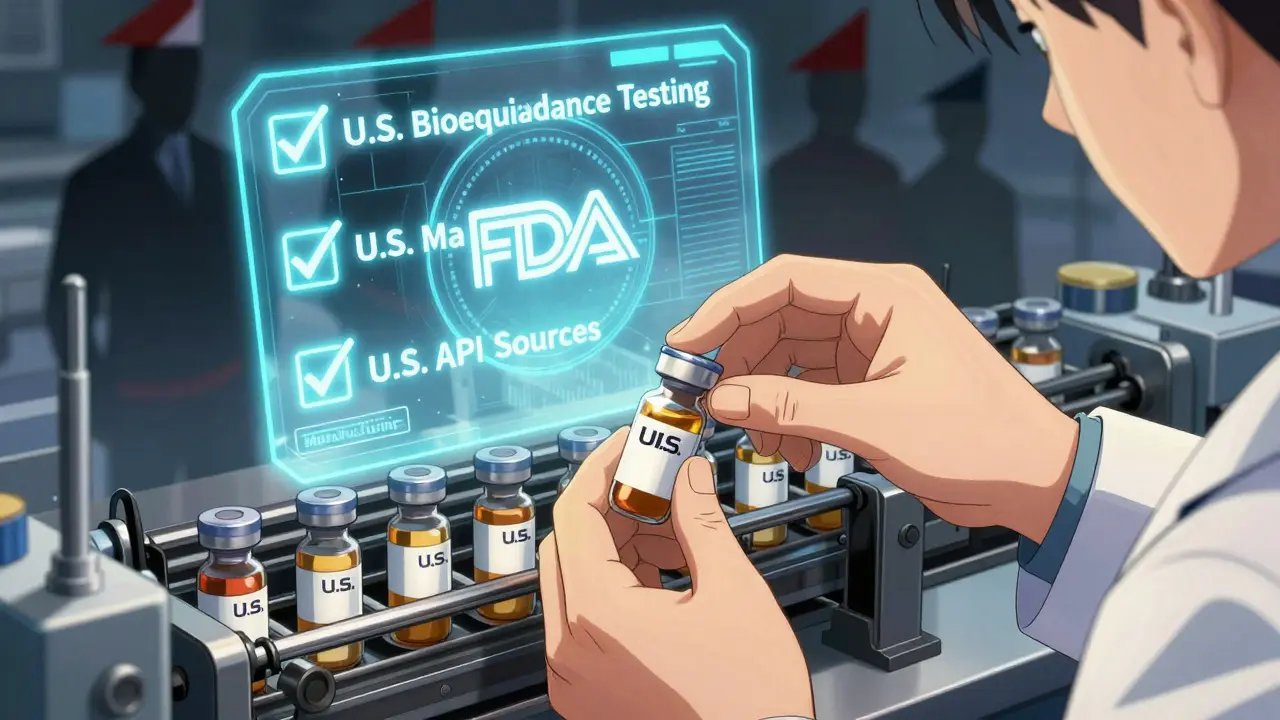 Scientist places generic medicine into U.S.-made packaging with glowing checks for U.S. testing, manufacturing, and API sources, holographic FDA emblem above.