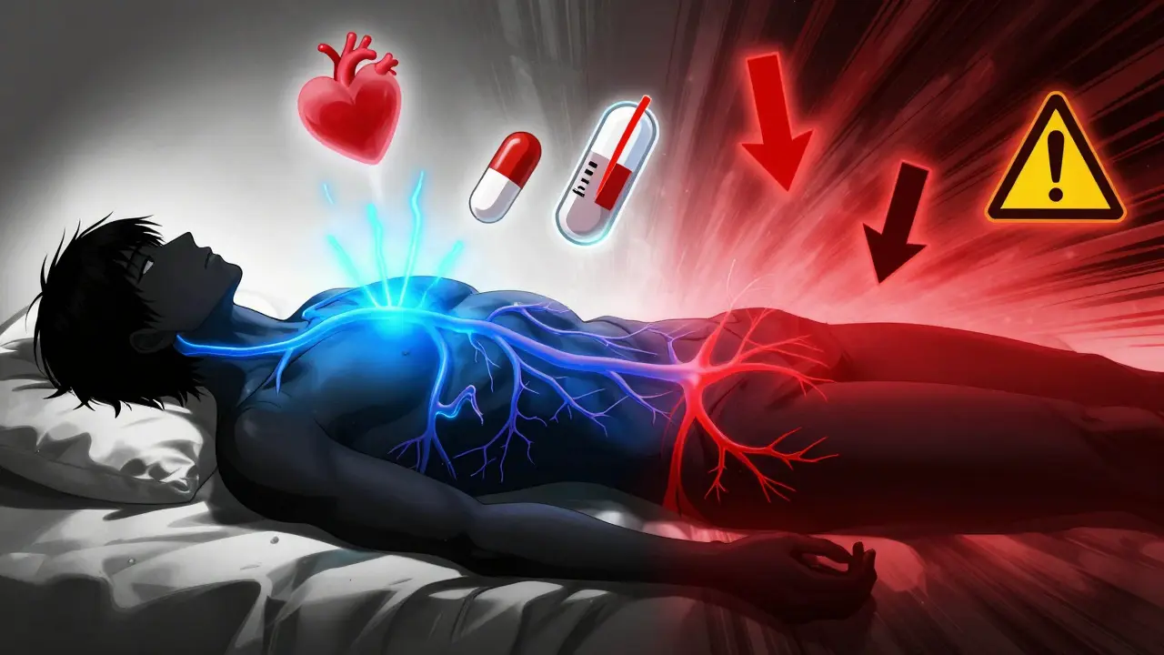 Silhouette showing blood vessel expansion and danger symbols related to CoQ10 and blood pressure drops.