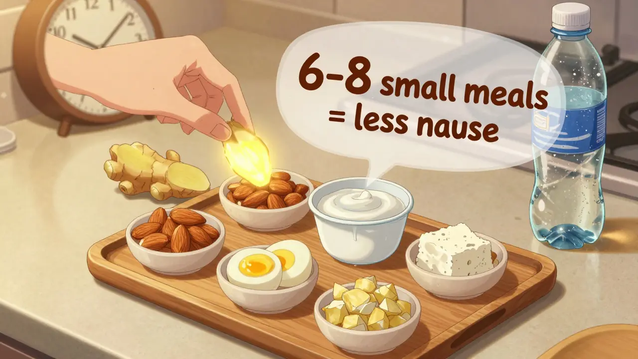 Someone eating small protein snacks with ginger beside them in a sunlit kitchen.