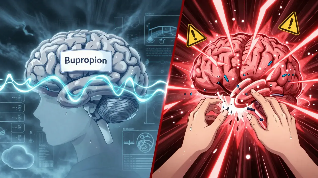 Split brain illustration: one side calm under bupropion, the other exploding with serotonin chaos from mixing supplements and antidepressants.