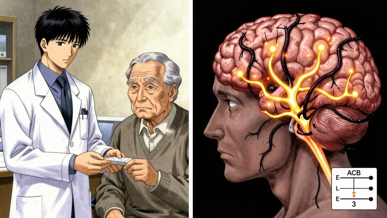Split illustration showing a doctor prescribing medication and an internal view of the brain with neural pathways being severed by black tendrils.