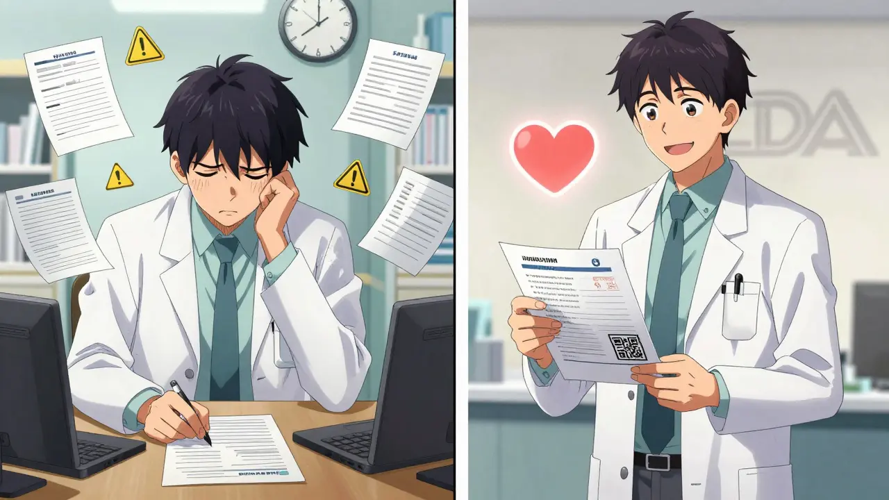 Split-panel manga showing pharmacist overwhelmed by paperwork vs. confidently offering guide with care.