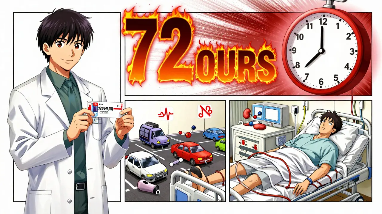 Split-panel medical manga: doctor prescribing digoxin vs. same patient collapsed in ICU with ticking clock above.