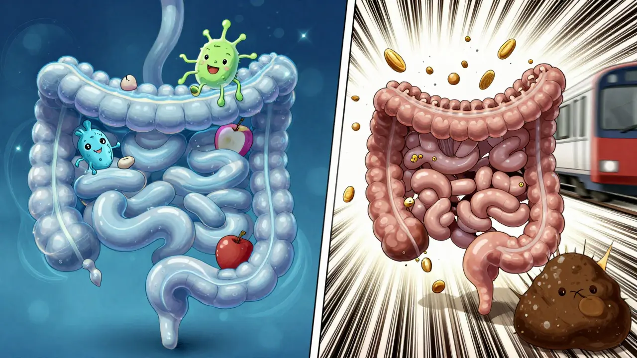 Split-panel showing calm soluble fiber feeding good bacteria and active insoluble fiber moving waste.