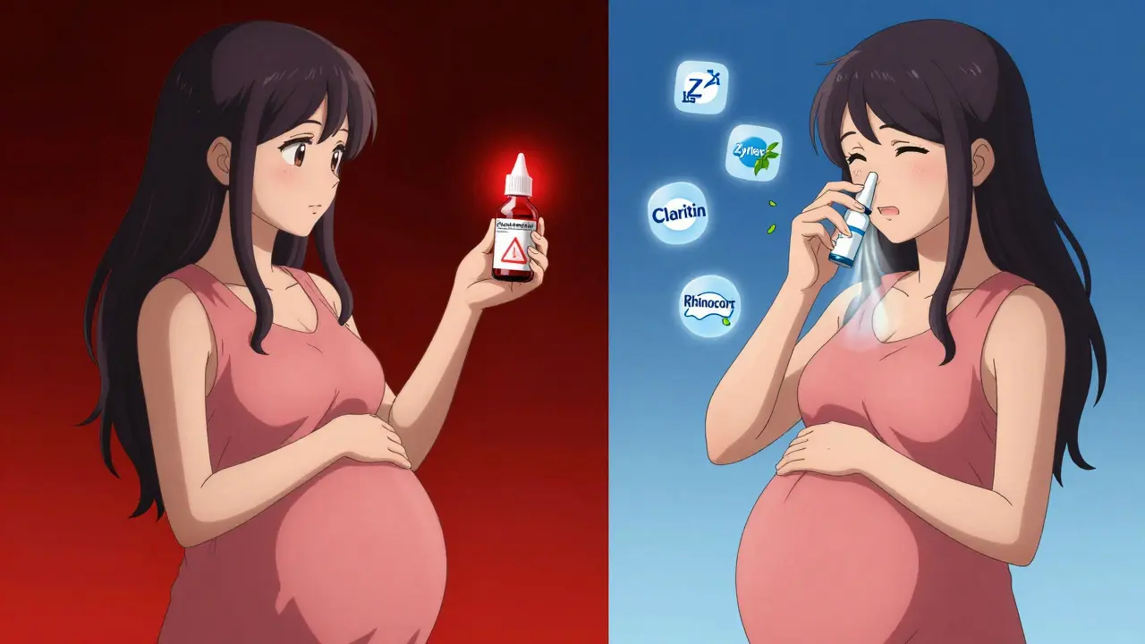 Split scene: one woman avoiding pseudoephedrine, another safely using nasal spray with green air currents.