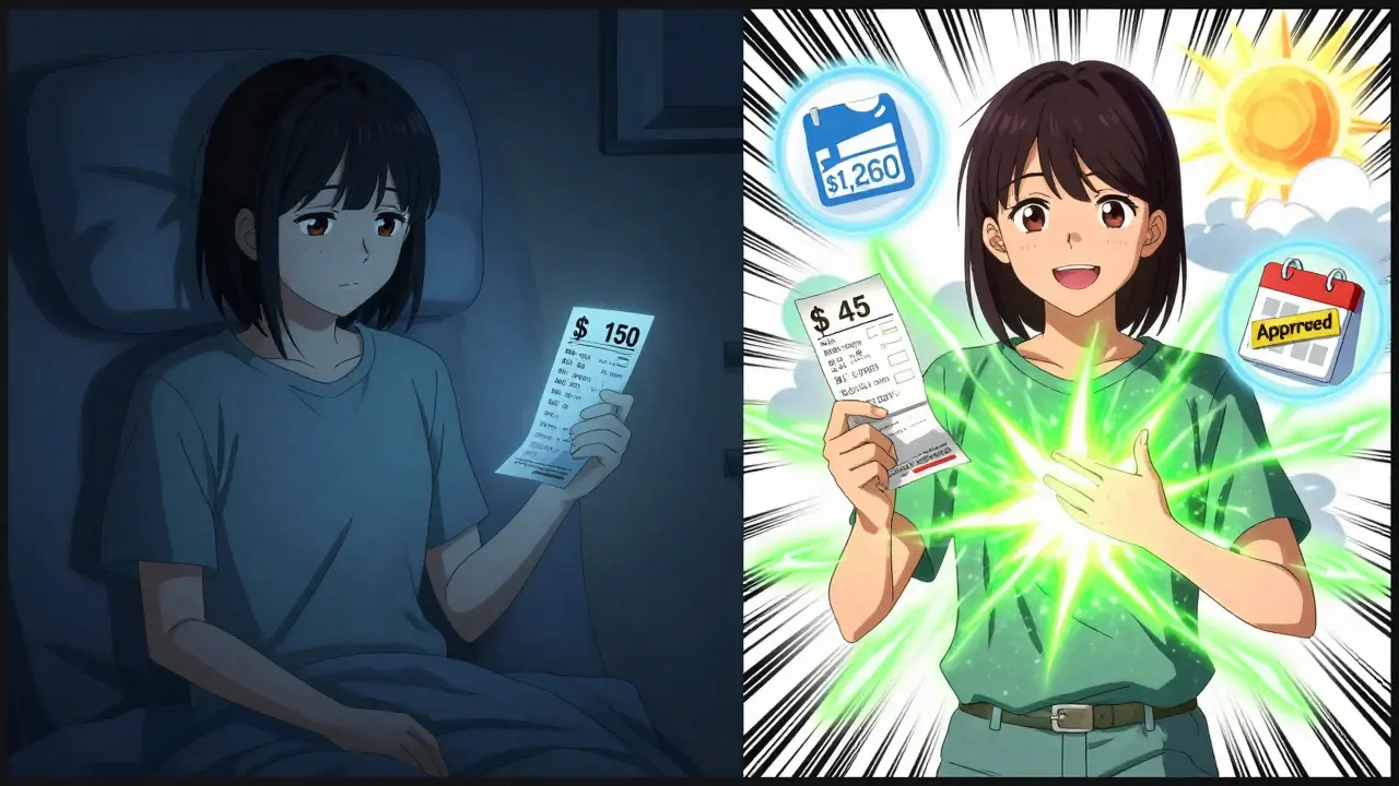 Split scene: patient devastated by high cost vs. joyful after approval with savings icons.
