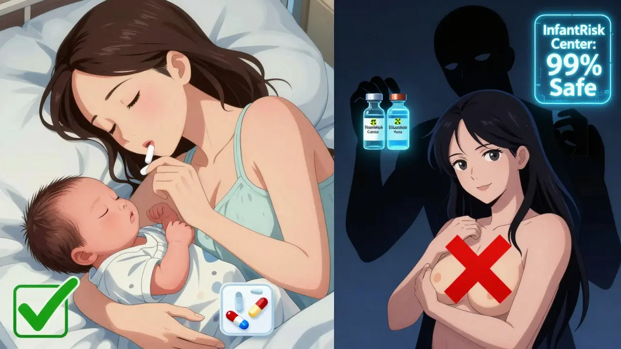 Split scene: peaceful nursing with safe meds on one side, radioactive hazard on the other, AI safety indicator glowing.