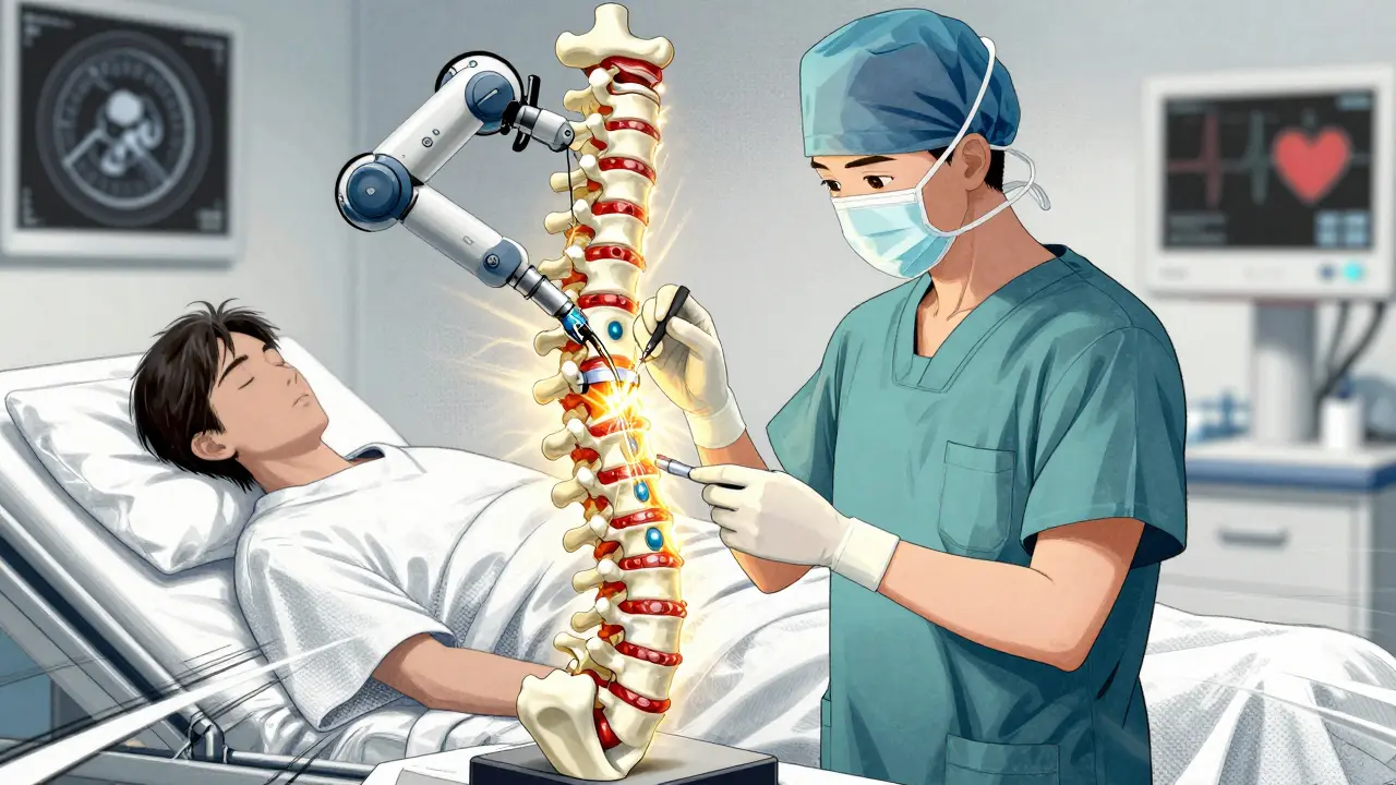 Surgeon performing minimally invasive spinal fusion with glowing bone graft.