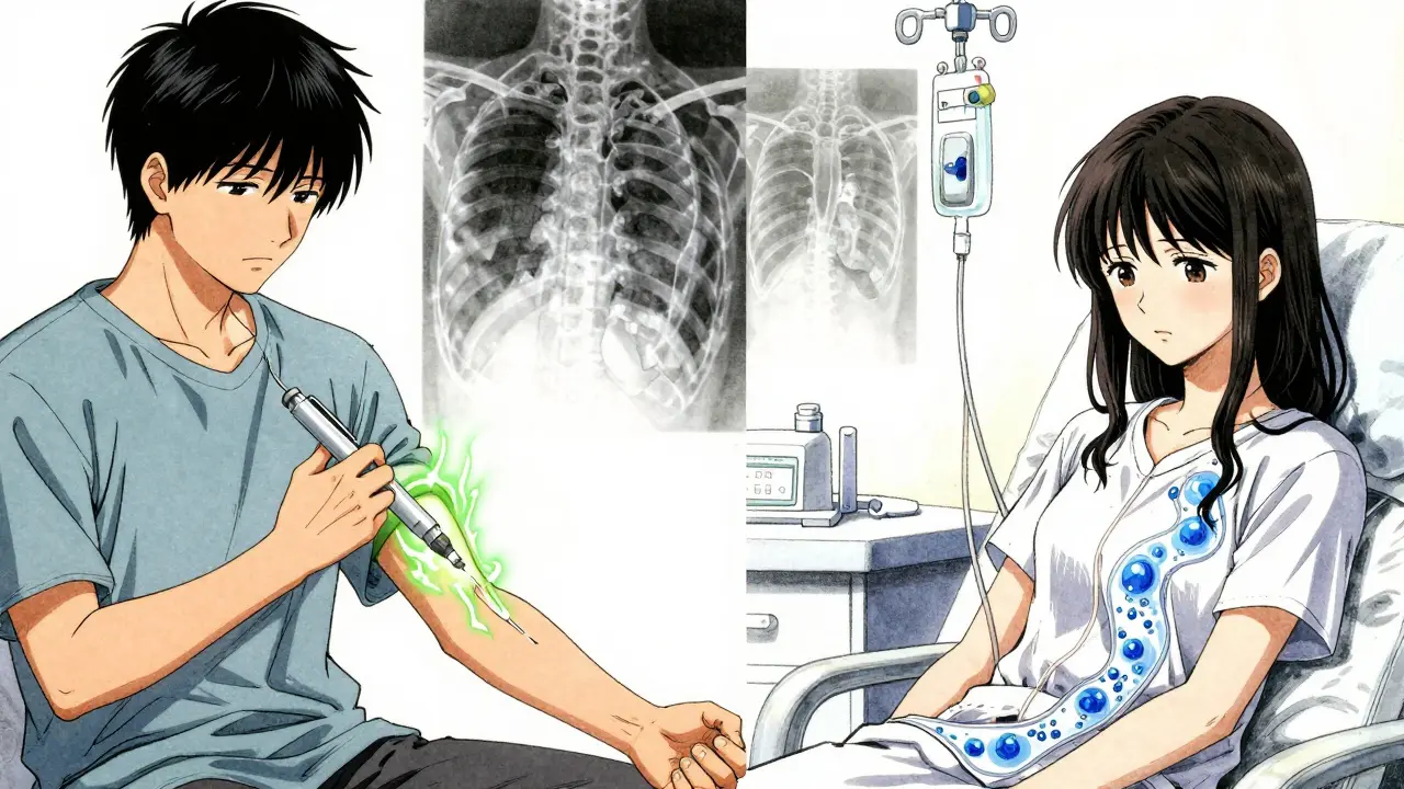 Two patients receiving biologic treatments — one with injection pen, one with IV drip — healthy and damaged joints shown in background.