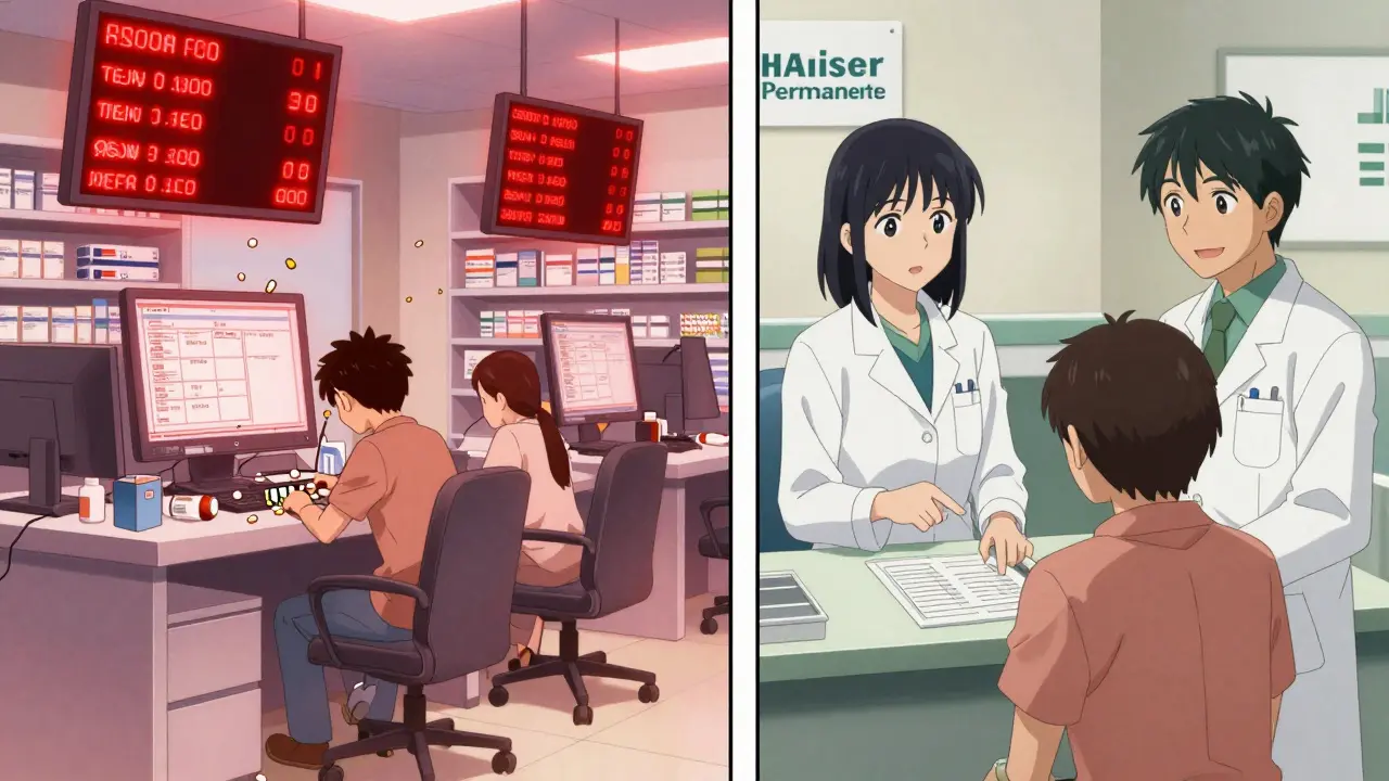 Two pharmacies side by side: one chaotic with error-filled labels, the other calm with translators verifying prescriptions in manga style.