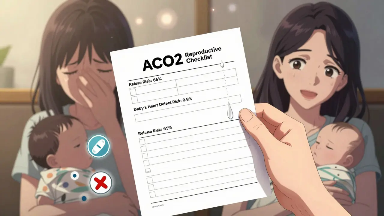 Woman holding checklist with risk percentages, tear drops falling as hopeful light surrounds her and baby.