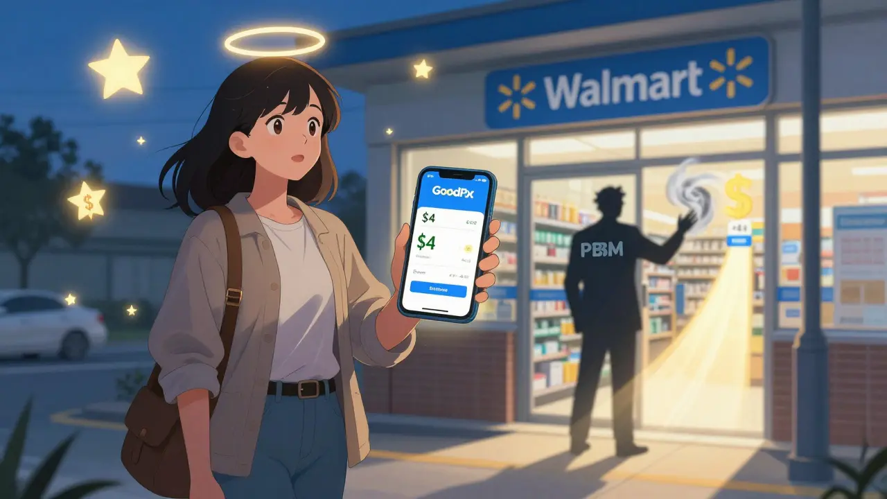 Woman holding phone showing  drug price outside Walmart, light path leading to pharmacy as shadowy rebates fade away.