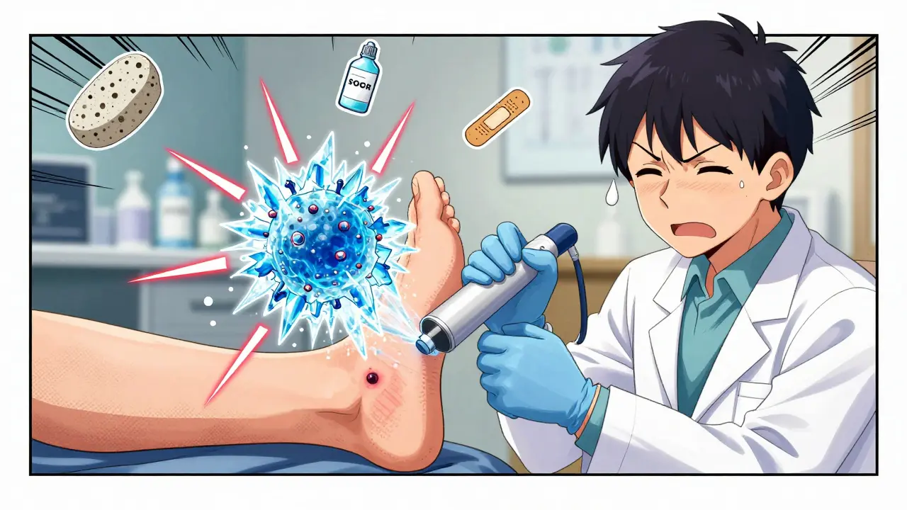A dermatologist freezing a plantar wart with liquid nitrogen, patient reacting with manga-style expressions.