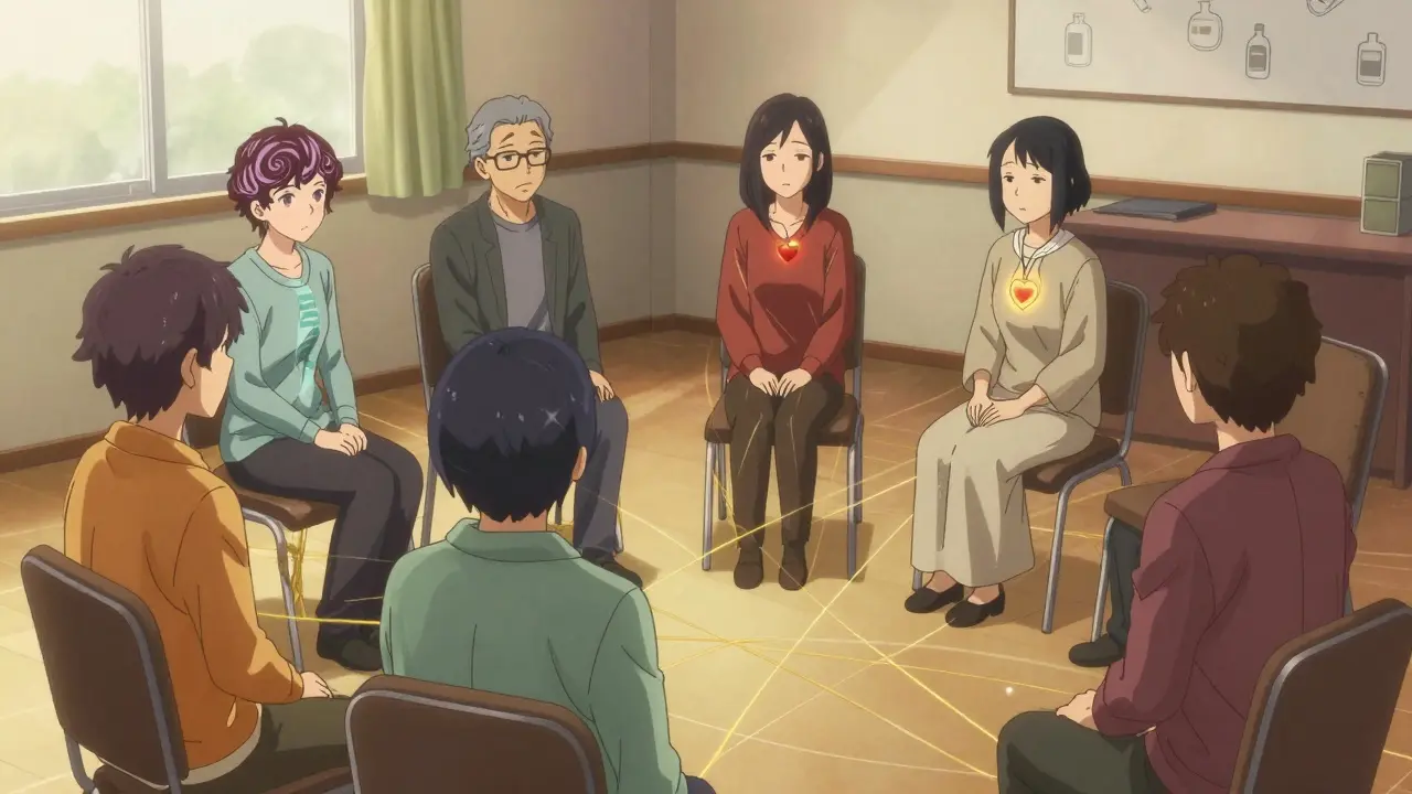 A diverse group in therapy connected by golden threads, each person visually representing mental illness and substance use struggles.