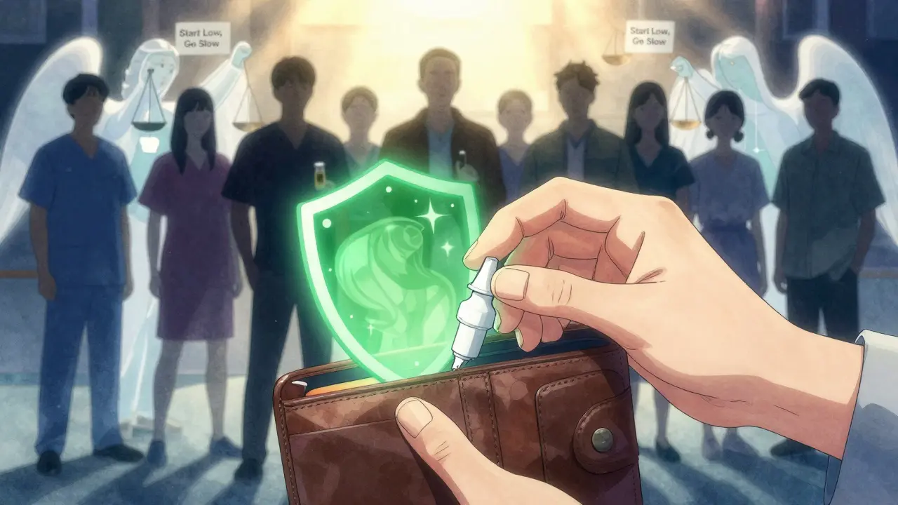 A hand placing naloxone in a wallet, surrounded by silhouettes of people being guided by medical angels under warm light.