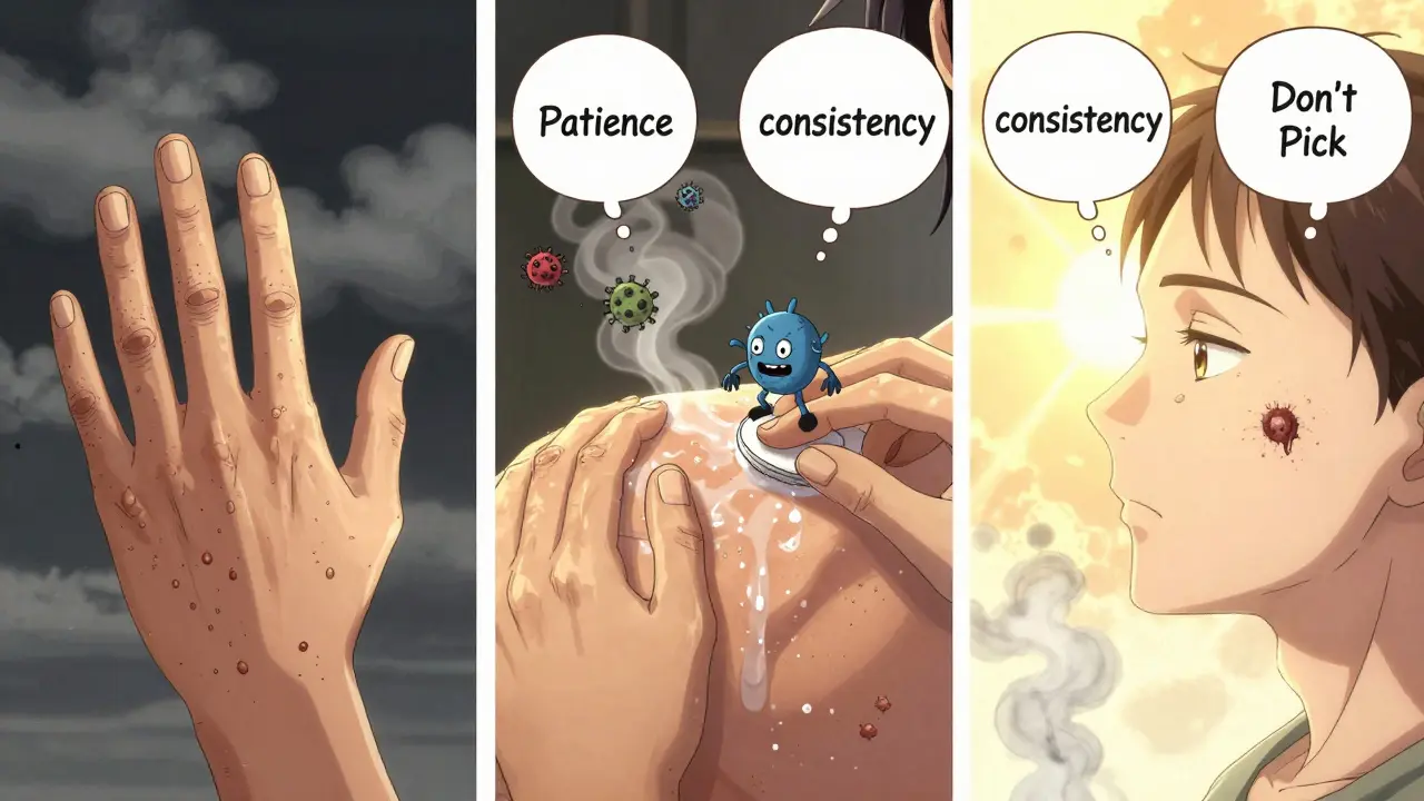 A manga-style sequence showing wart treatment progress from infection to clearance with symbolic warriors.