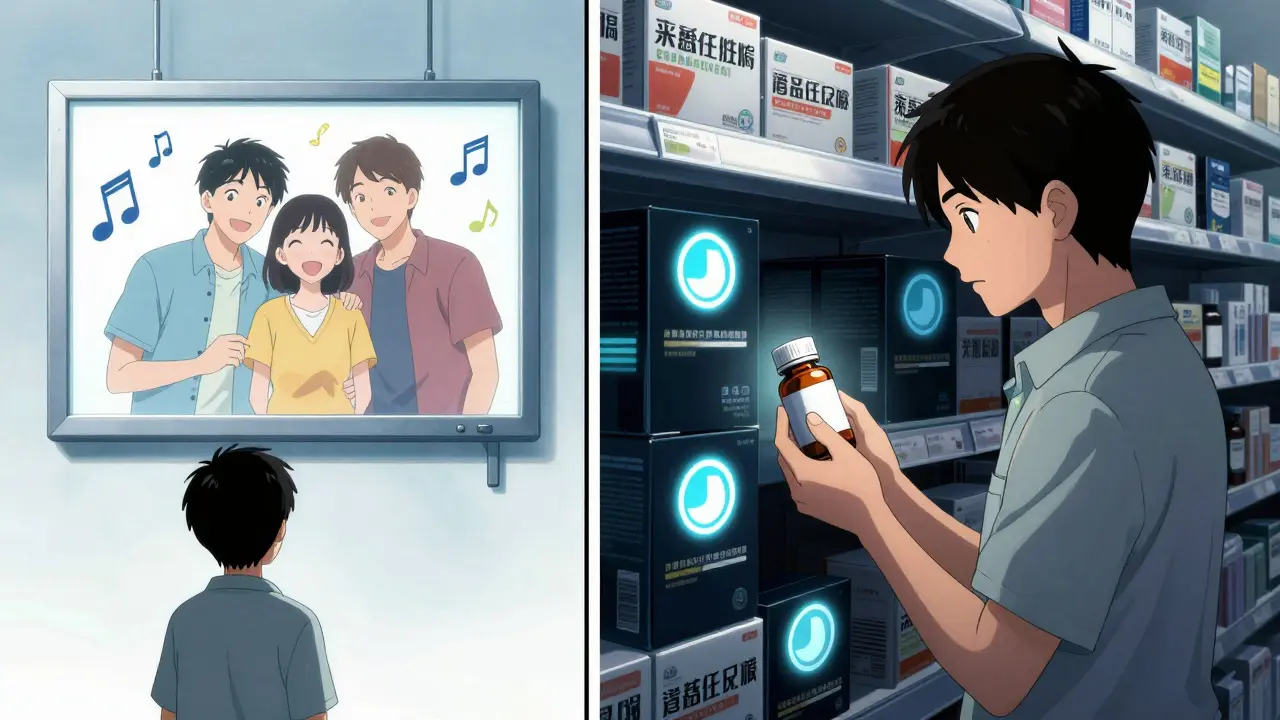 A patient compares a glowing branded drug billboard with a hidden generic pill in a pharmacy aisle.