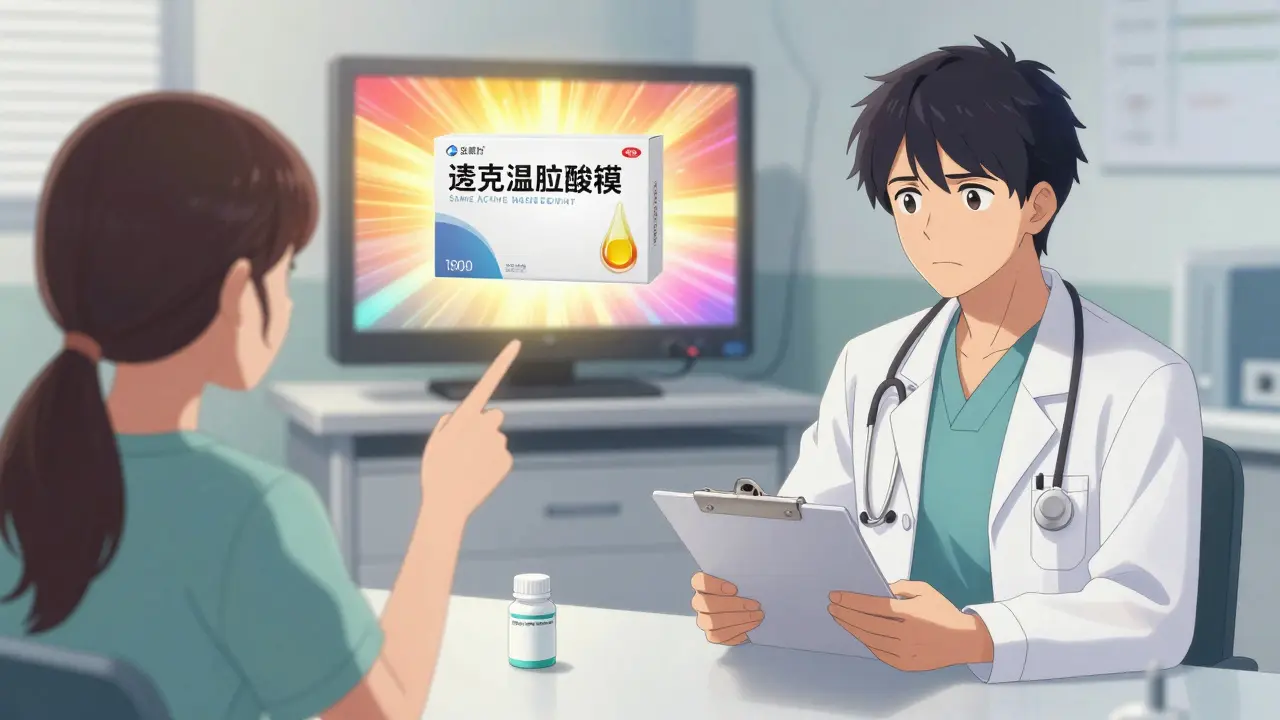 A patient demands a branded drug seen on TV, while a doctor hesitates beside a generic alternative.