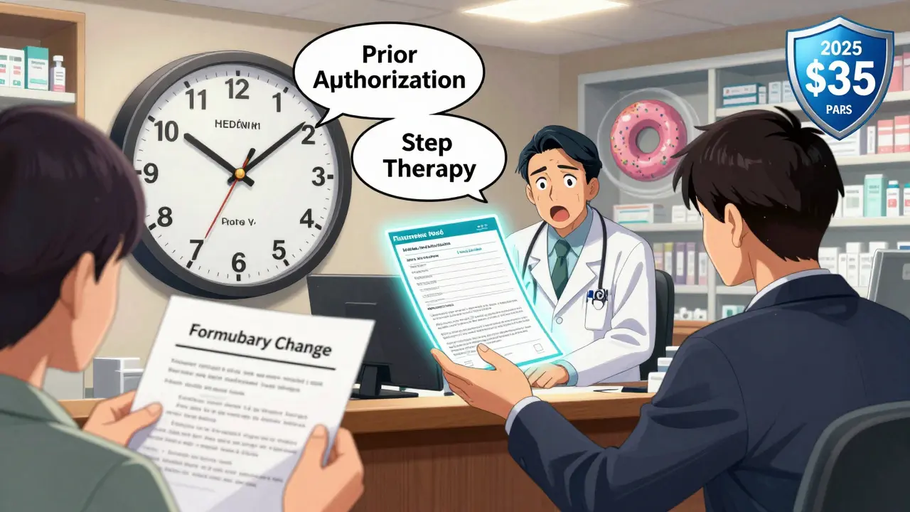 A patient facing a formulary change notice with a ticking clock and doctor offering an appeal form.