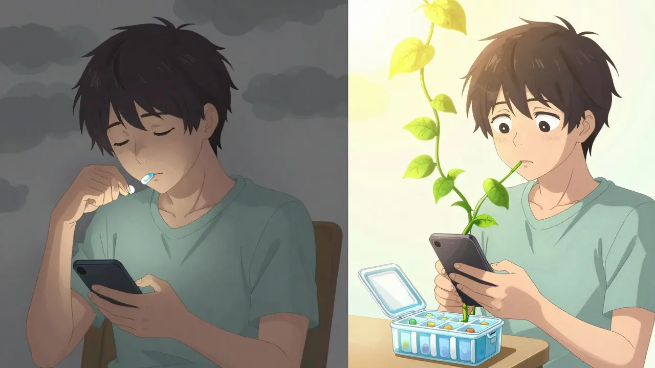 A person transitioning from skipping medication to using a pill organizer with sunlight symbolizing hope.