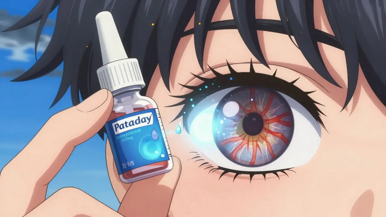 A single eye drop falling into an eye, with glowing antihistamine particles neutralizing redness.