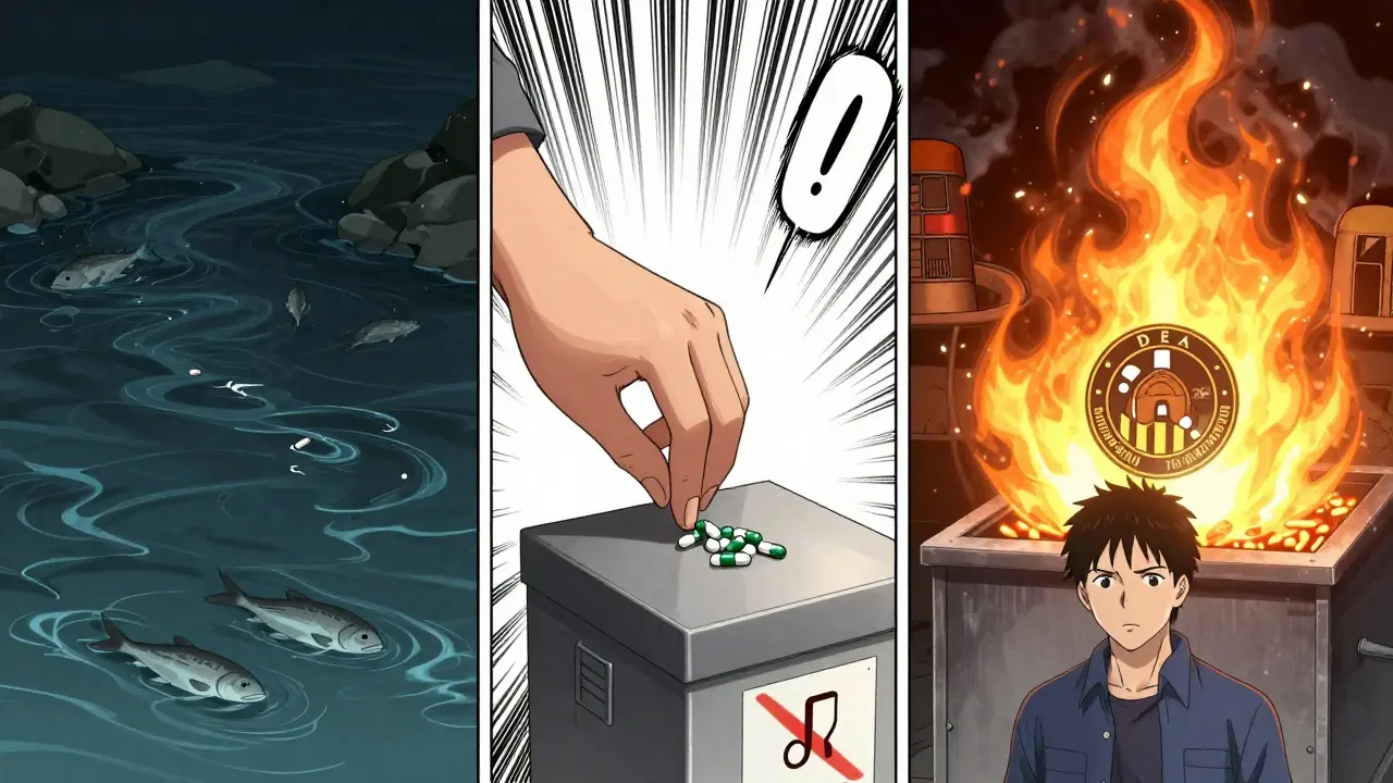 A split-panel scene showing polluted water versus safe incineration of medications.