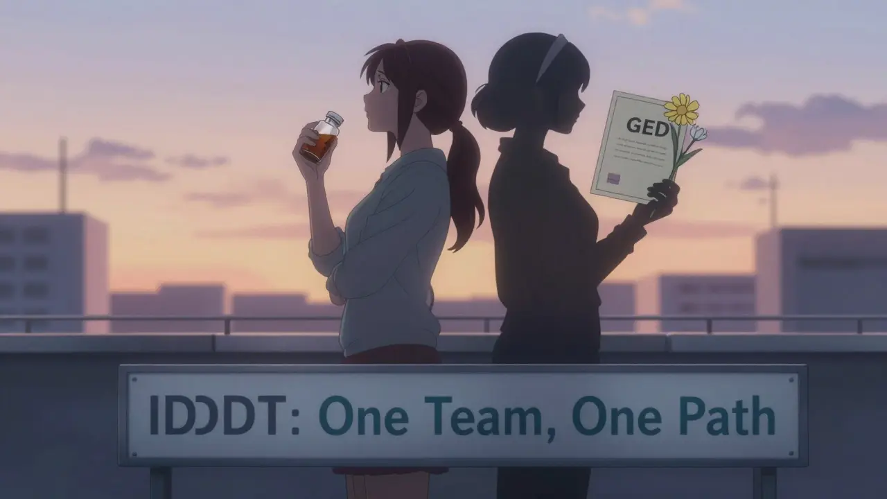 A woman at dawn as her dual shadows merge into one, holding symbols of recovery after integrated care.