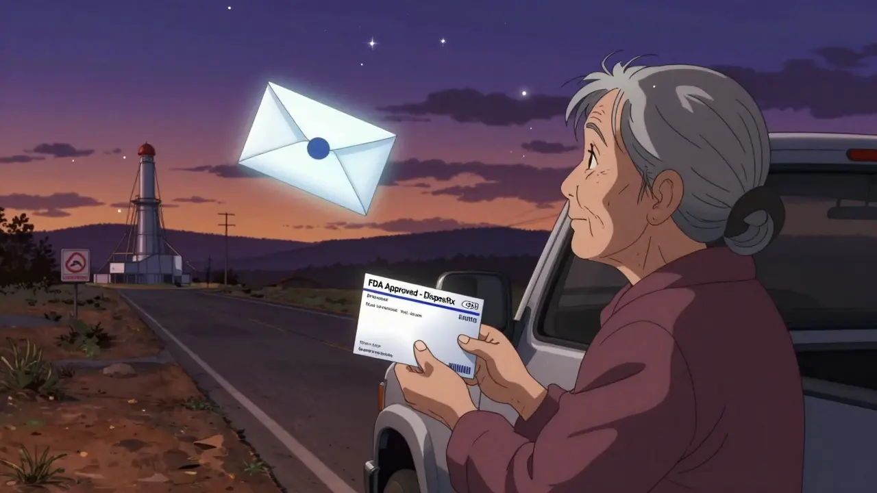 An elderly woman holding a mail-back envelope for safe medication disposal at dusk.