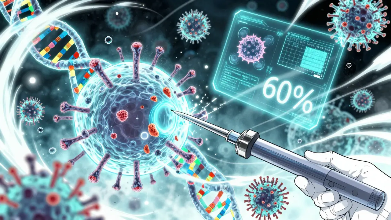 CRISPR editing HIV DNA inside a cell, with holographic data and shattering resistance symbols.
