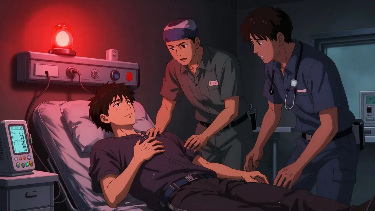 Emergency room scene during beta-blocker withdrawal crisis.