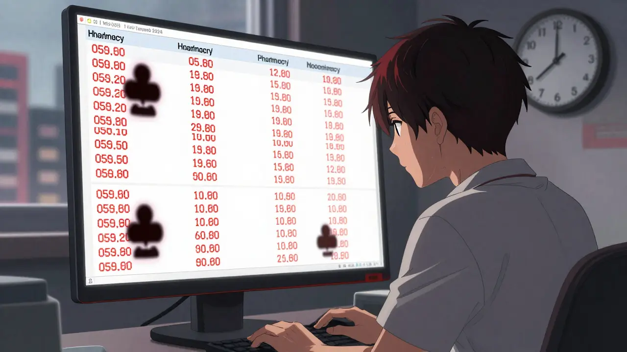 Pharmacy owner facing computer errors with deadline clock in background.