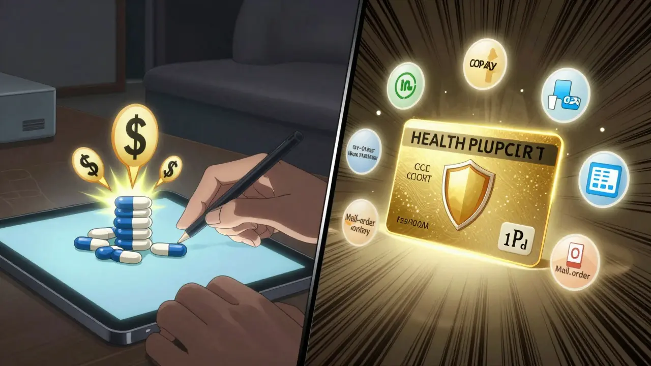 Someone calculating drug costs with a glowing gold health plan card beside exploding dollar signs.