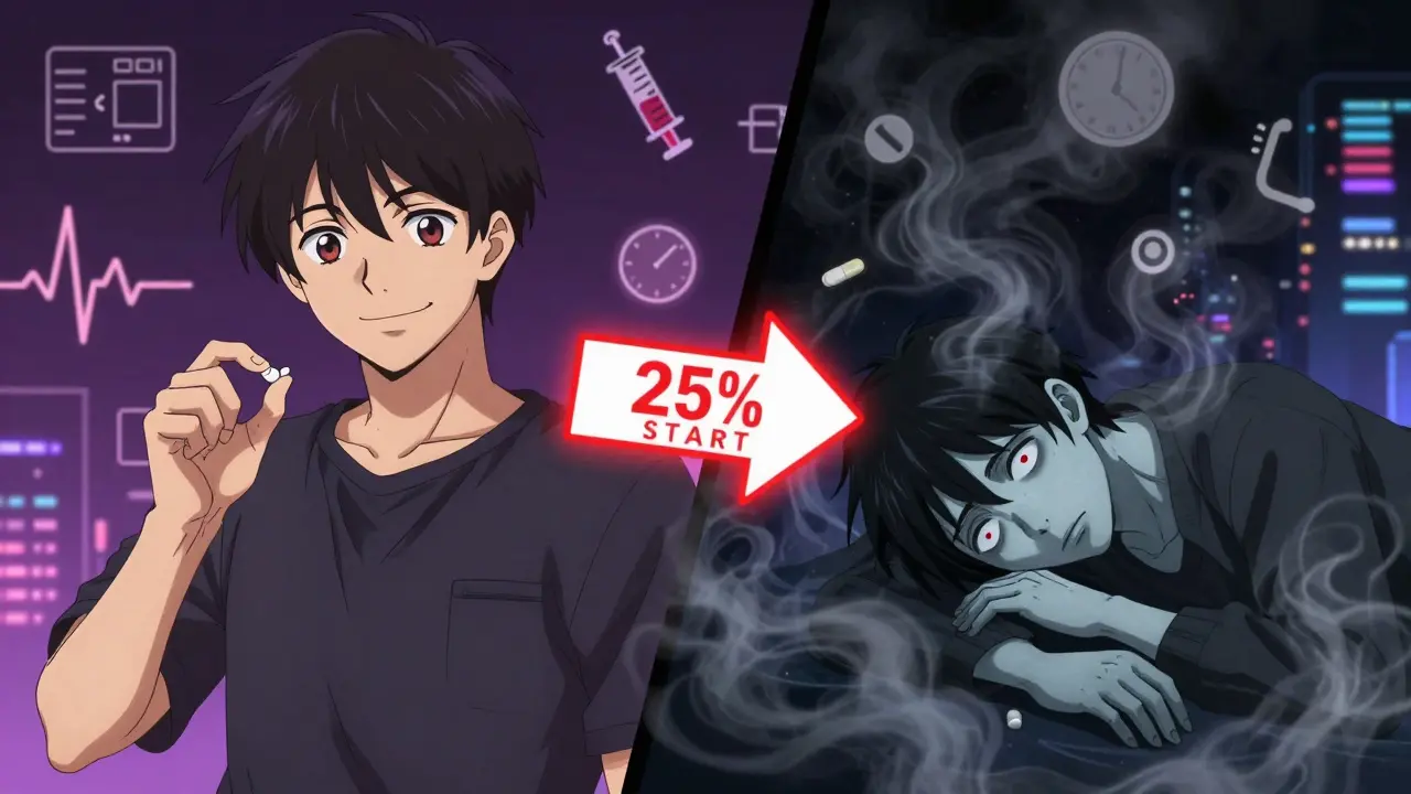 Split scene: one side shows someone taking a high dose happily, the other shows them overdosing with dark mist and warning symbols.