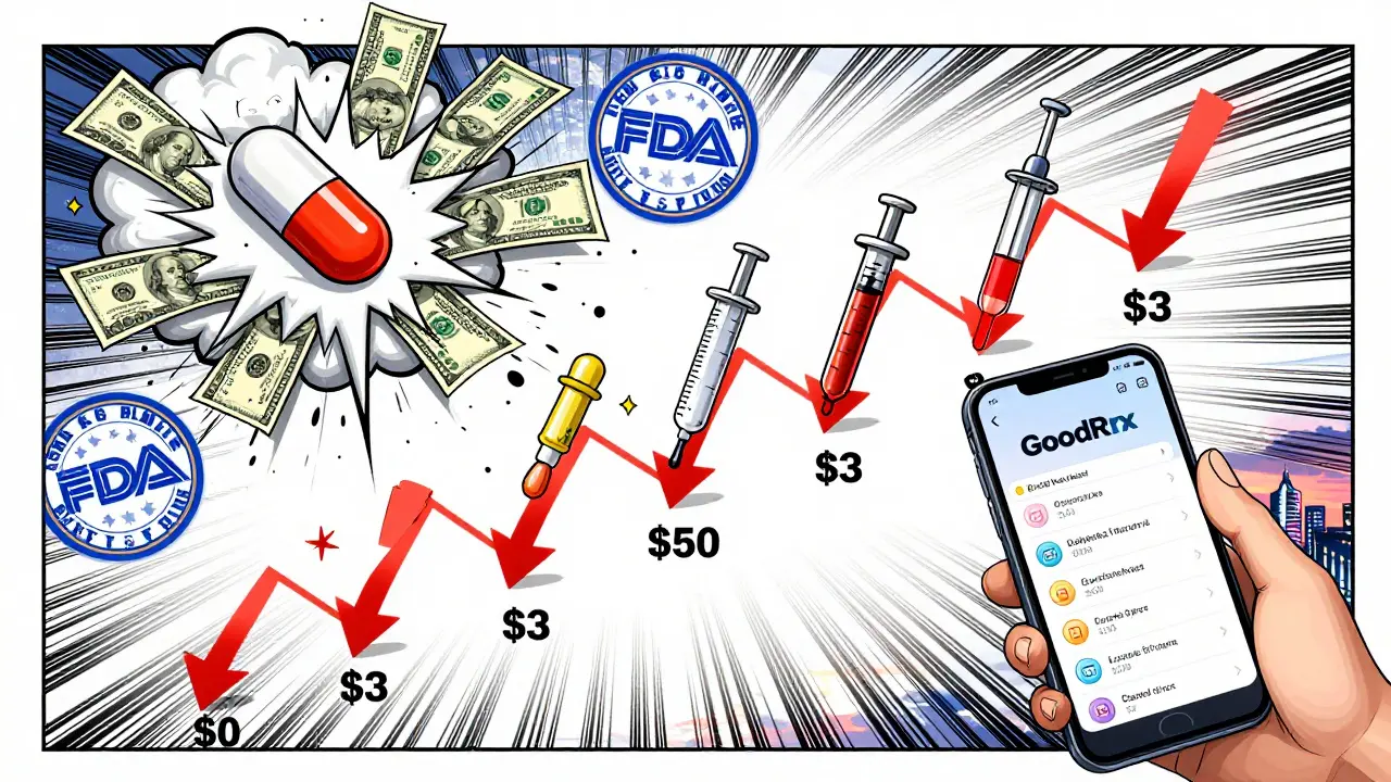 Timeline showing drug price drop from brand to generic with GoodRx and FDA icons.