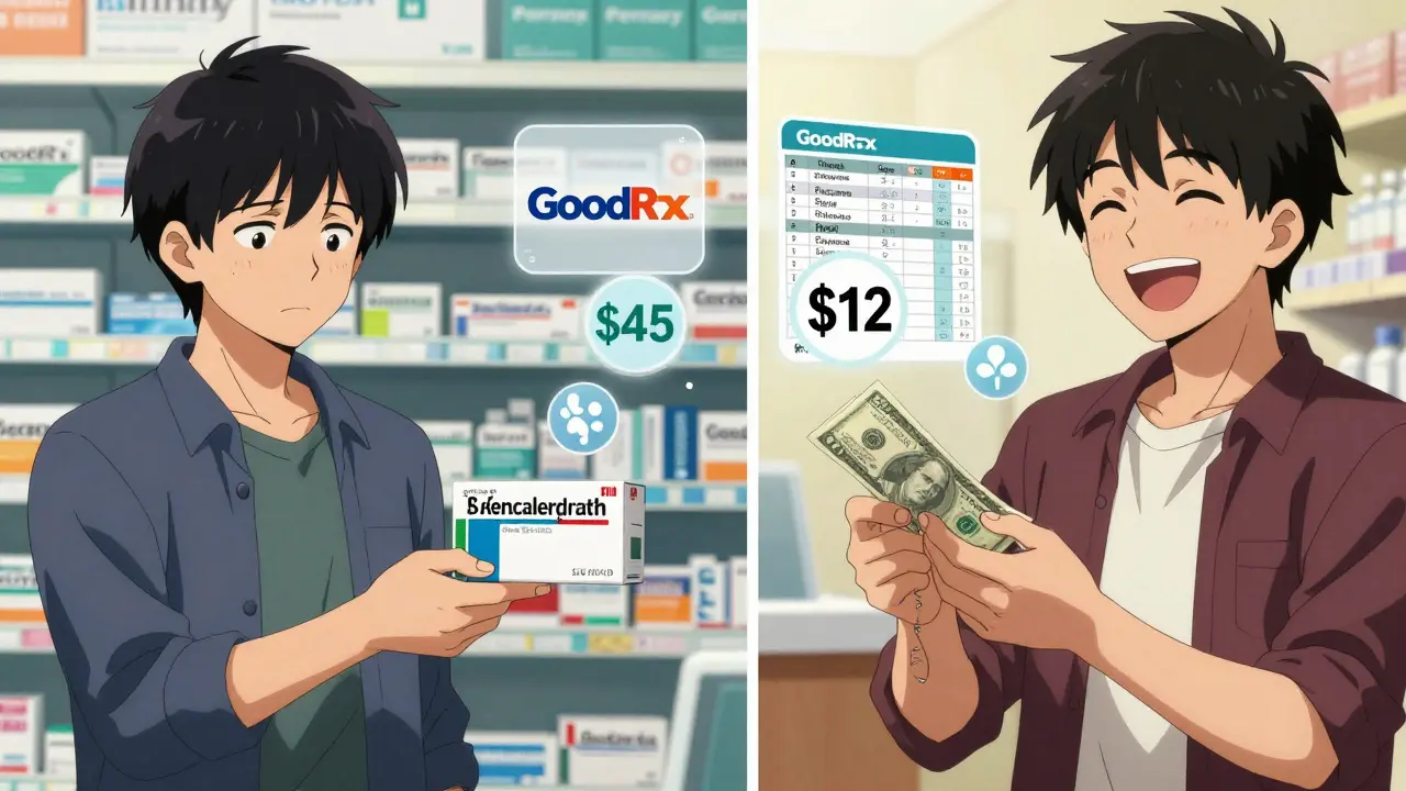 Two patients paying different prices for the same drug at a pharmacy.