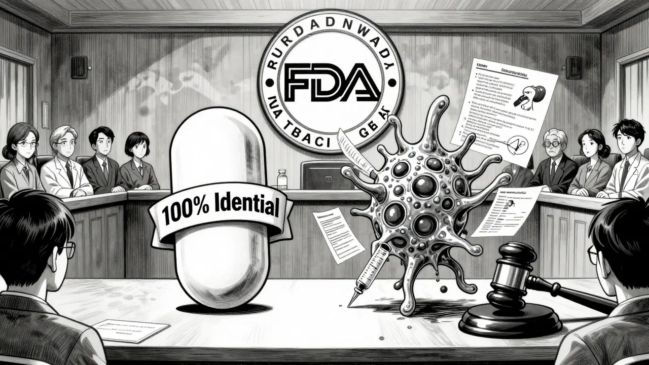 A generic pill and biosimilar vial in a courtroom, symbolizing their different regulatory paths under the FDA.