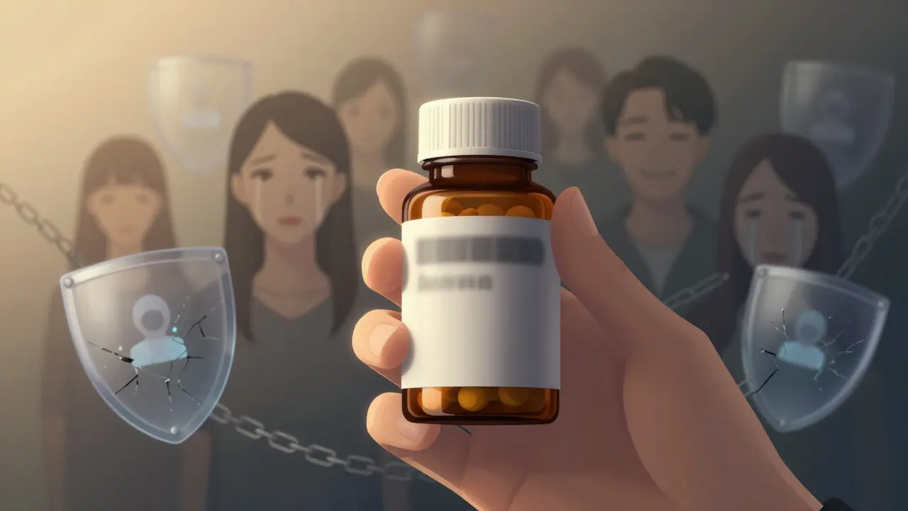 A hand holds a pill as ghostly figures of anonymous patients float behind, symbolizing social media monitoring and privacy concerns.