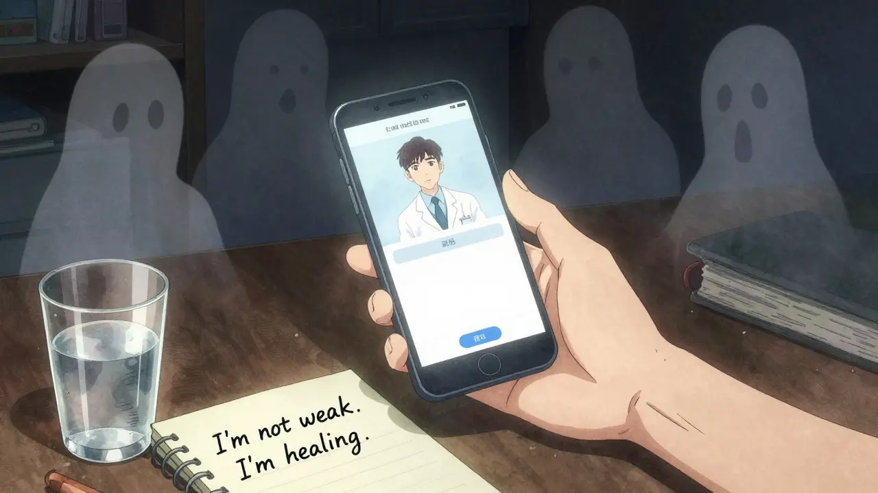 A hand reaching for a phone with a doctor's appointment, surrounded by fading memories of loss, symbolizing the first step toward healing.