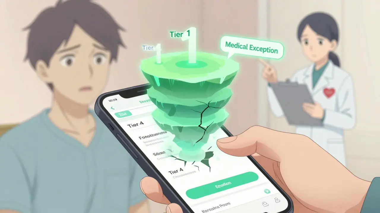 A hand scrolling a formulary app while a care manager guides the user toward a medical exception option.